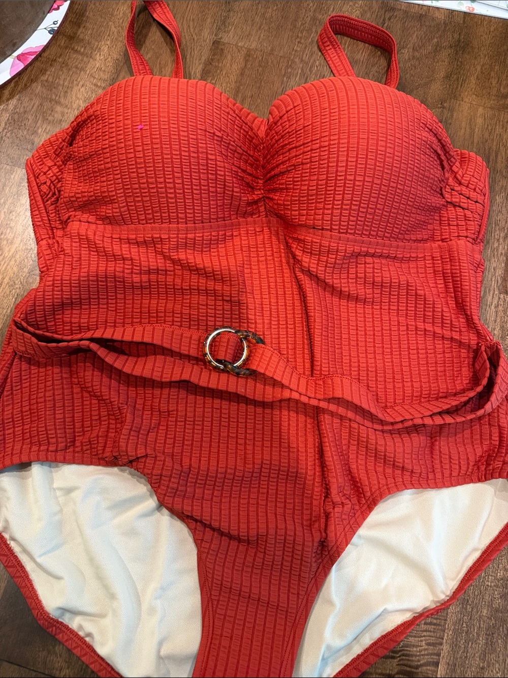Susan Graver Red Textured One-Piece Swimsuit with Belt